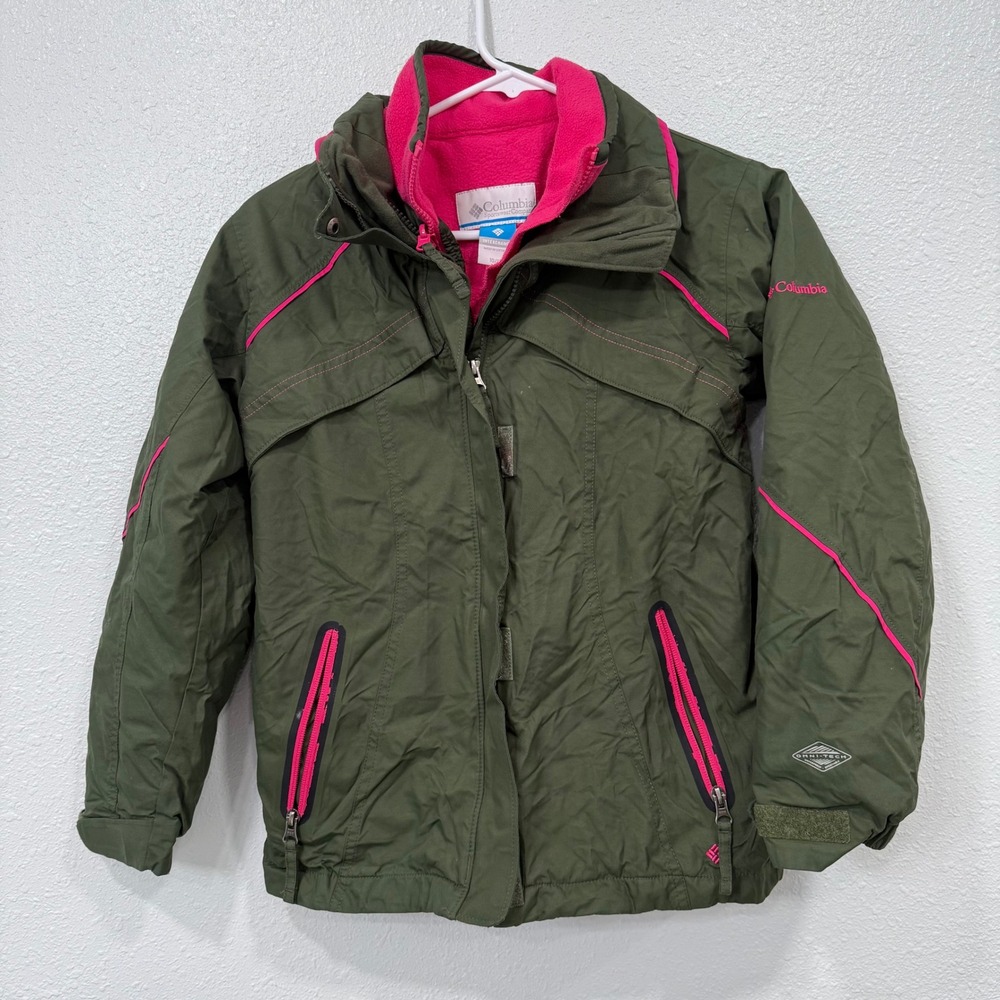 Columbia Interchange Jacket Girls‎ Size 10-12 Green Pink Fleece Lined Ski Snow